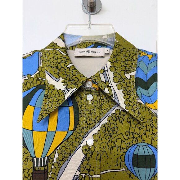 Tory Burch Hot Air Balloons in the Sky Field Print Silk Shirt Top Green Trees 4 - Picture 4 of 14